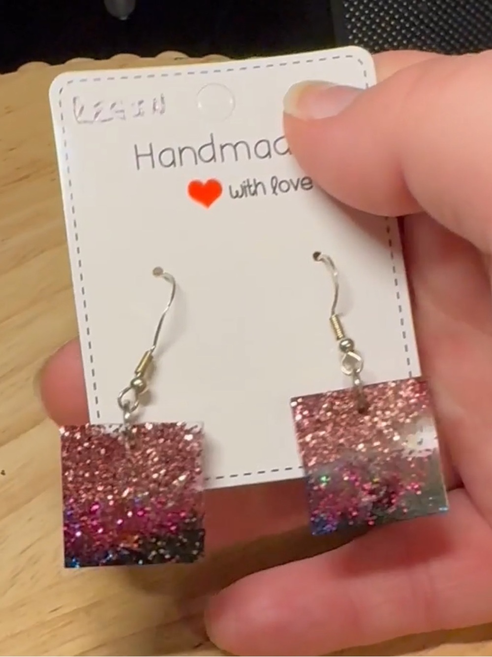 Hand Crafted Pink Glitter Resin Square Drop Earrings